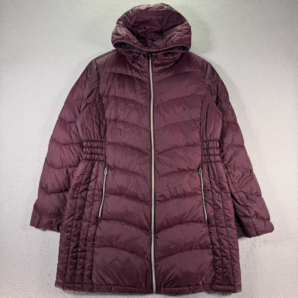 Lucky Brand Down Puffer Jacket Womens Large Purple Full Zip Hooded Long Comfort